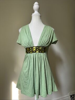 SKY Vintage Green Jewelled Cold Shoulder Festival Boho Babydoll Vneck Top Medium